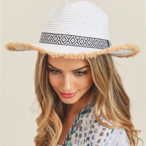#68 FRAYED TRIM AZTEC STRAW HAT - Picture 2 of 5